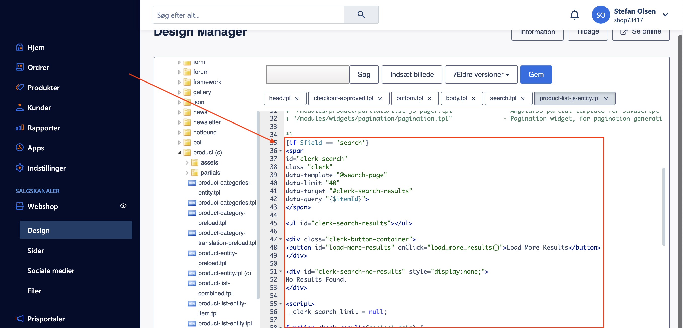 Search page code location