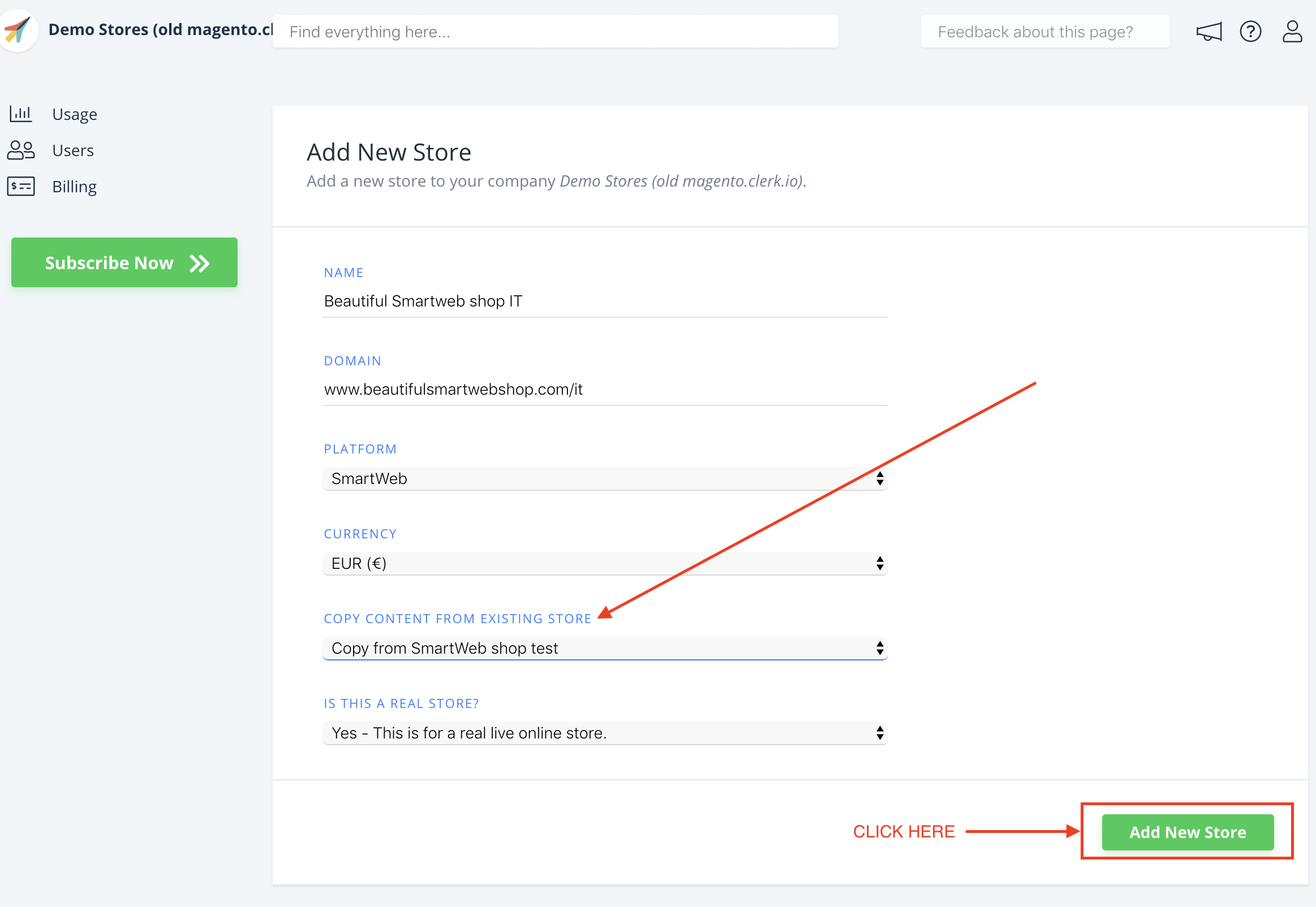 Copy content from existing store