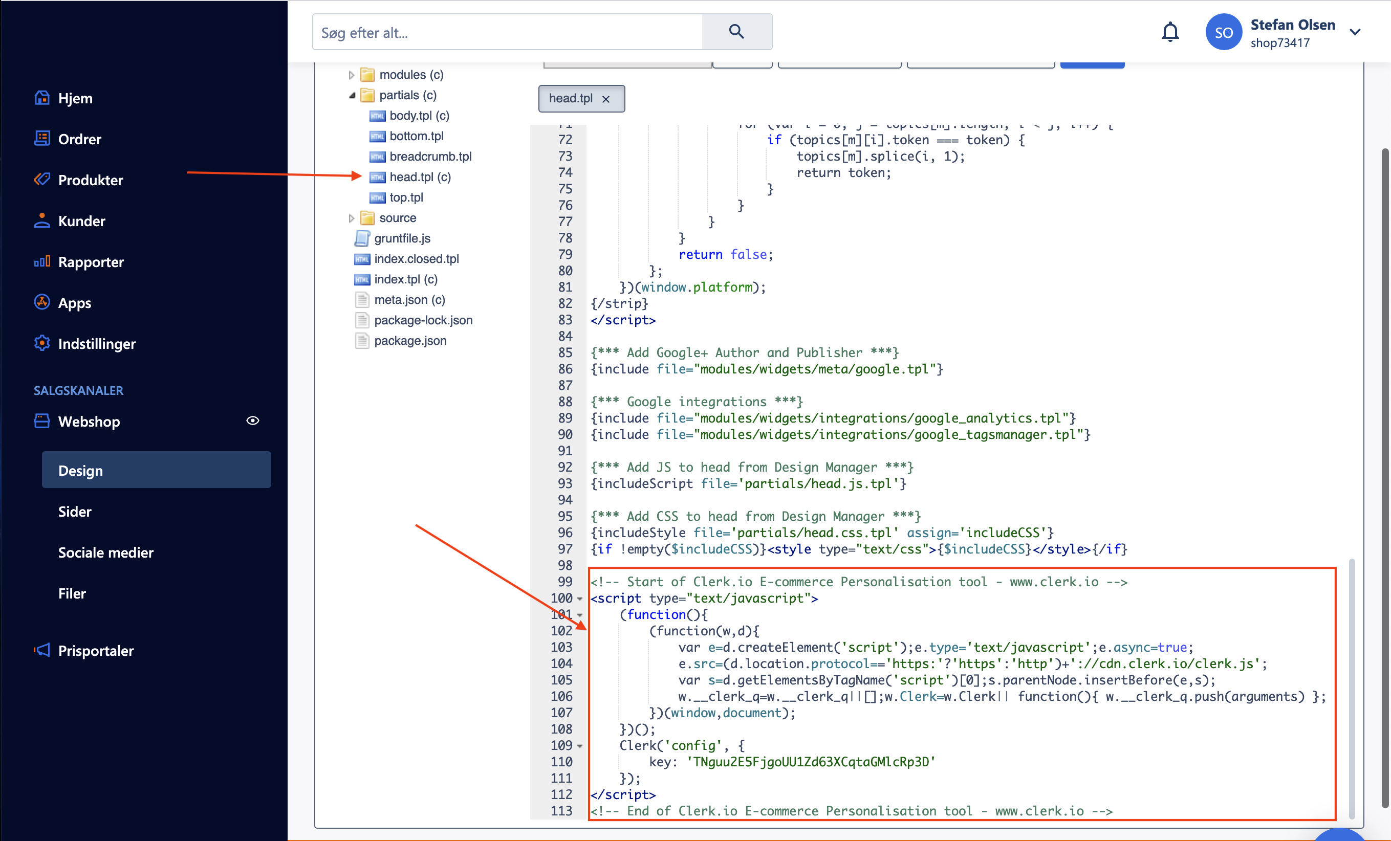 Tracking script in head.tpl