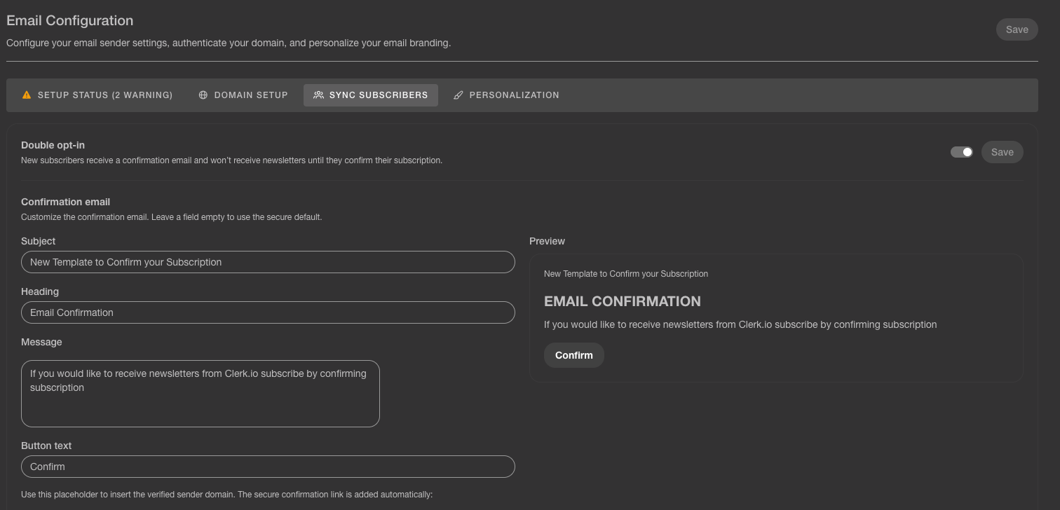 Double opt-in settings in Email Configuration