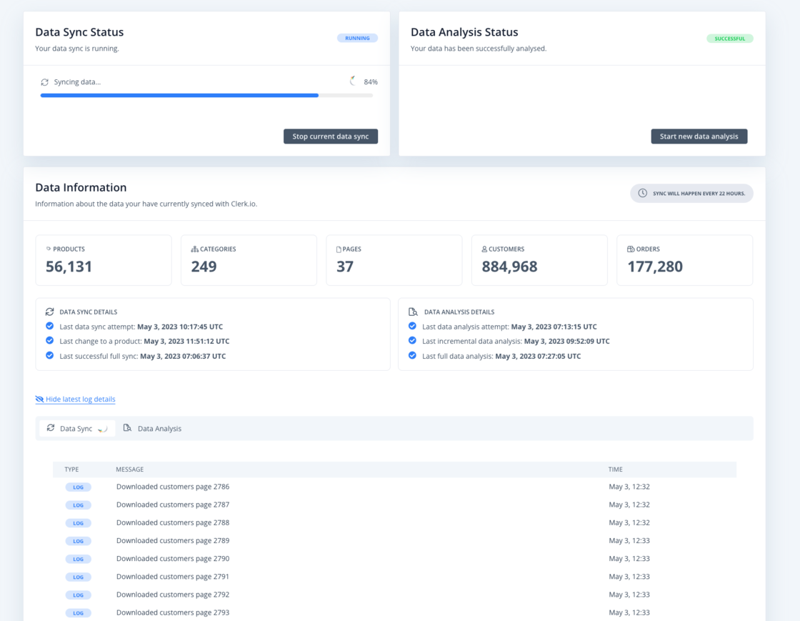 Screenshot of the new Data Sync Status Page