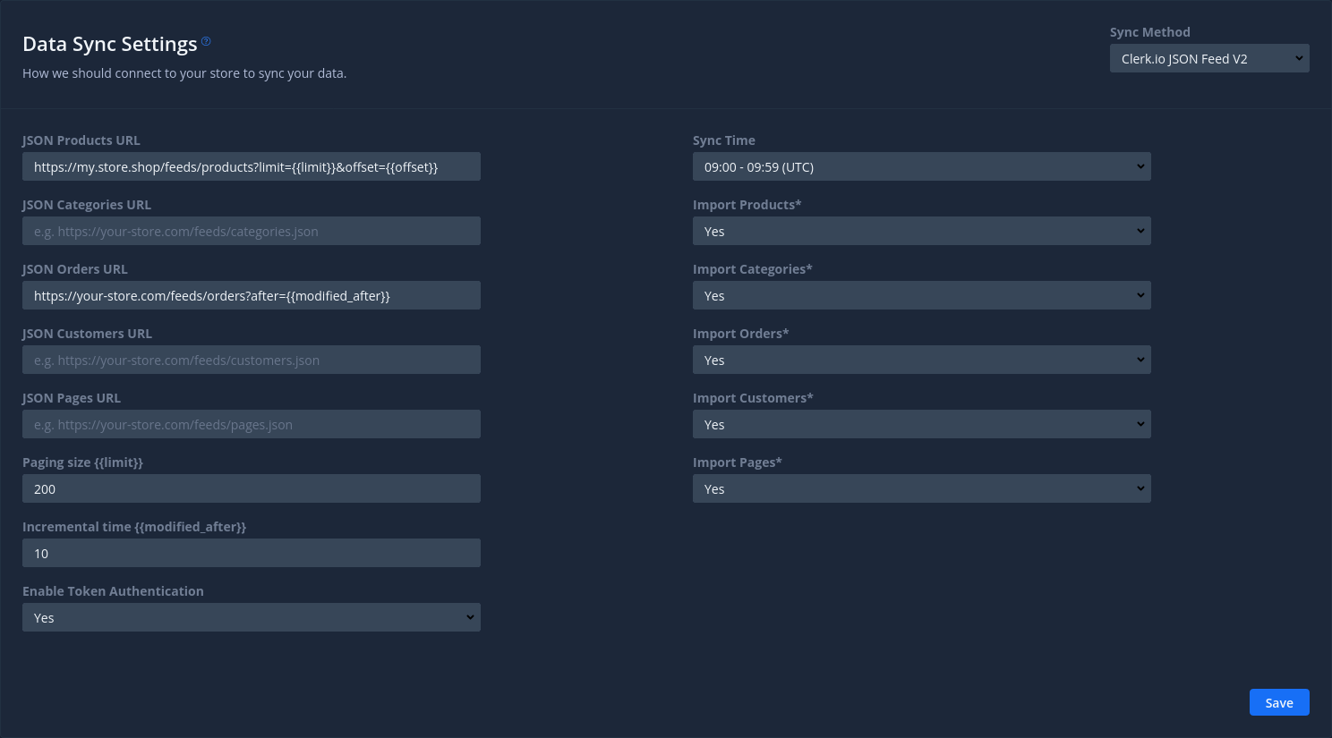 Data Sync Settings panel for JSON Feed V2