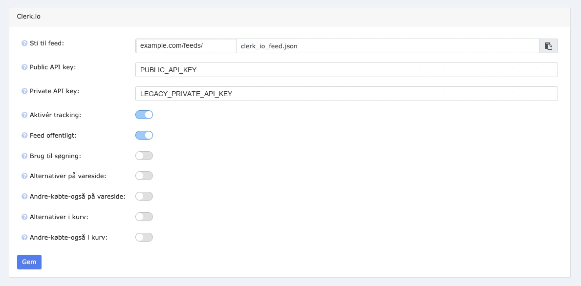 ideal.shop Clerk.io integration with API key fields and tracking enabled