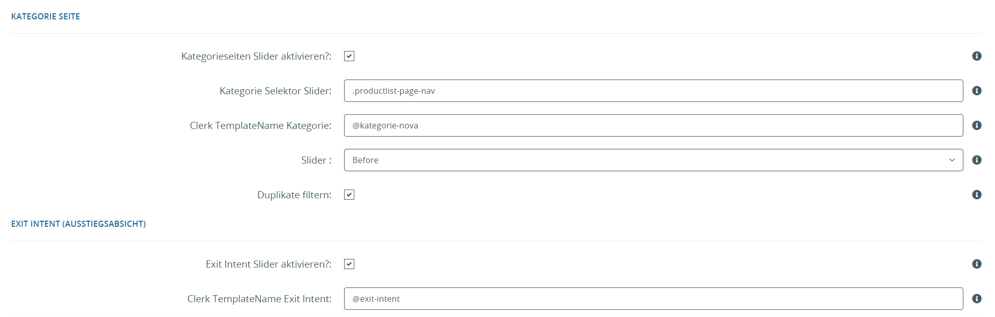 Category and exit intent settings