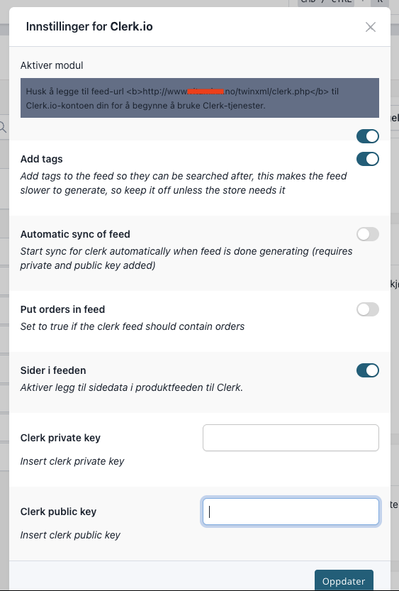 Clerk.io module settings in MyStore
