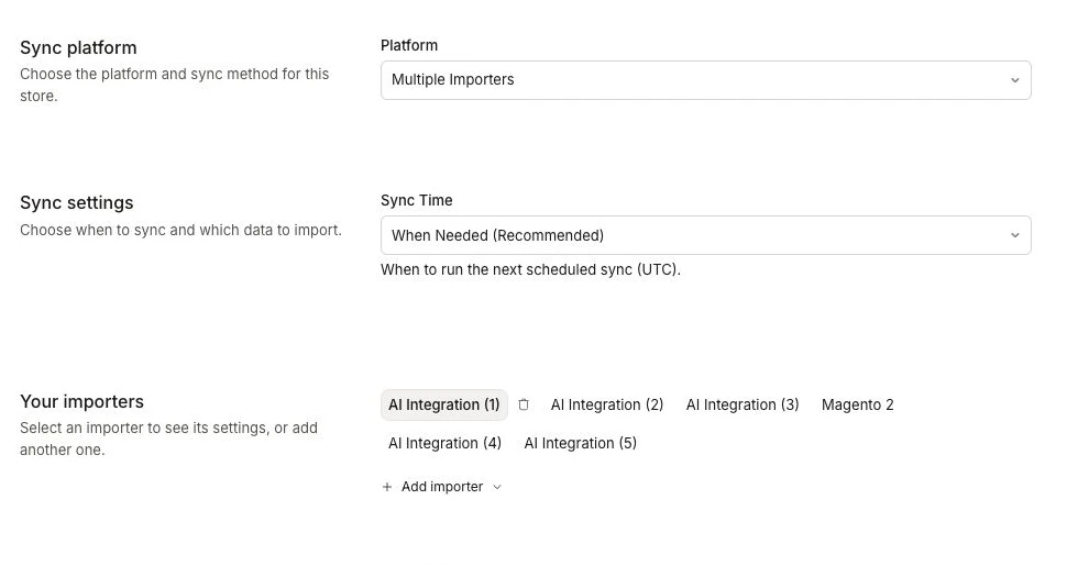 Common sync settings followed by Your importers and a separate Add importer action
