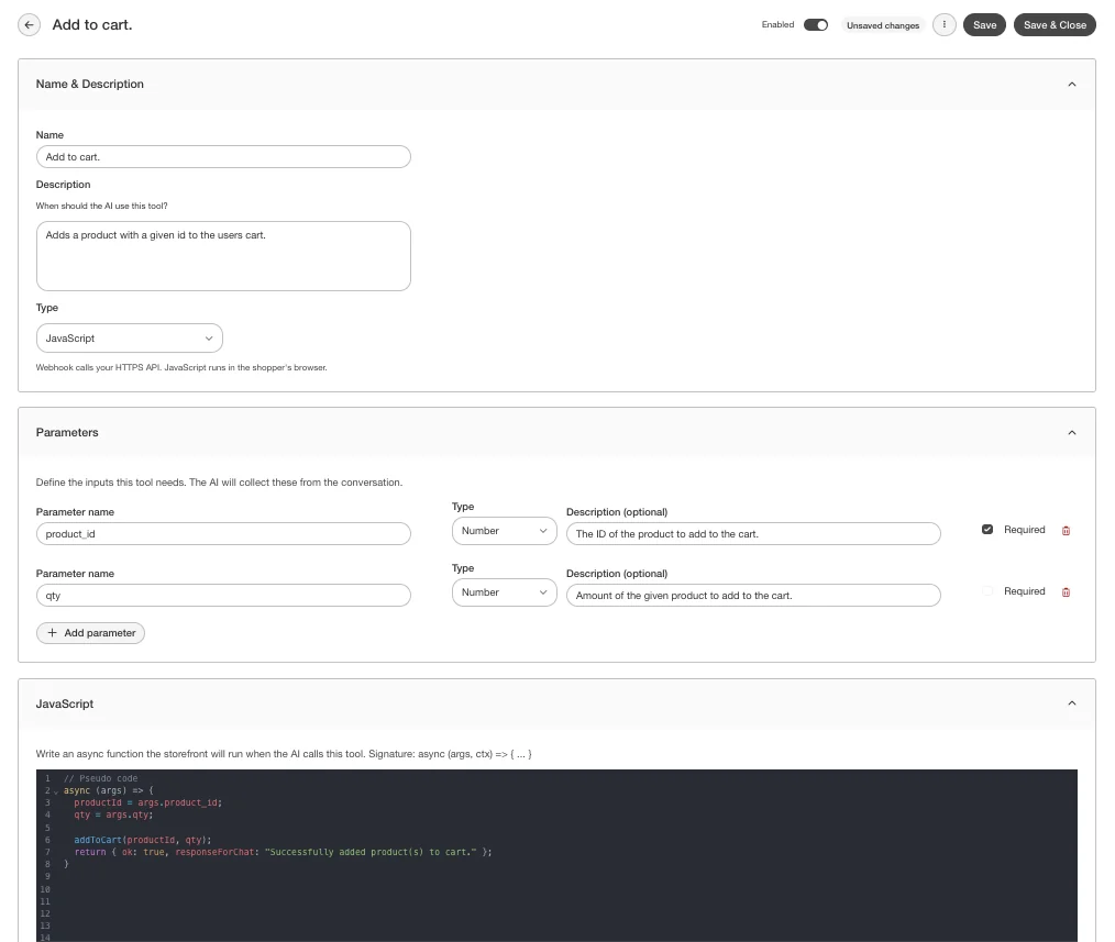 JavaScript tool editor for adding a product to the cart