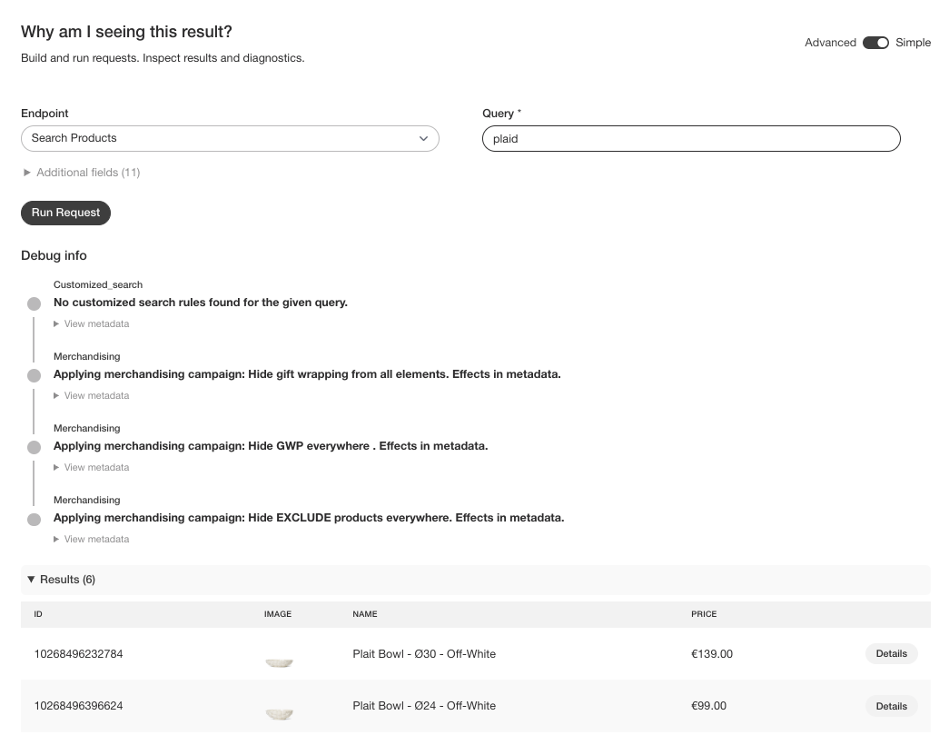 Debug API requests in Developers > Debug