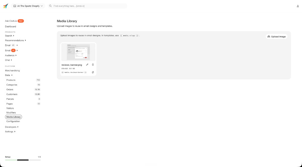 Media Library in my.clerk.io showing uploaded images with template references