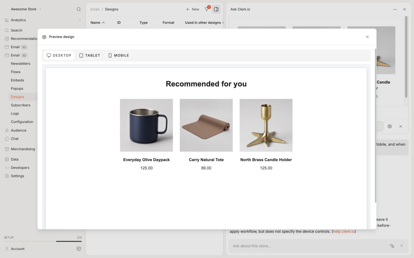 Ask Clerk.io Design Studio showing an unsaved email preview