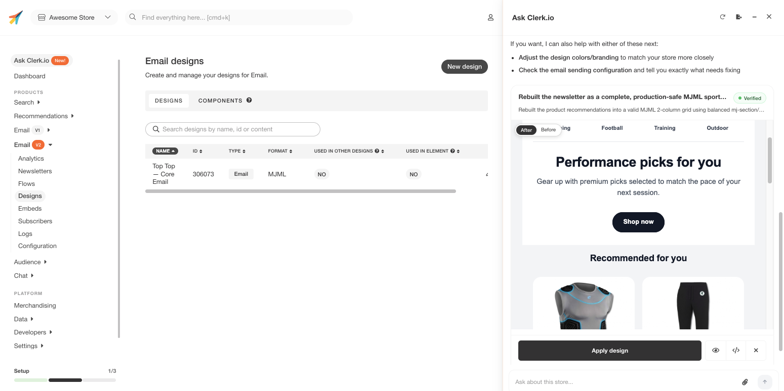 Ask Clerk.io Design Studio showing an email design preview with product recommendations