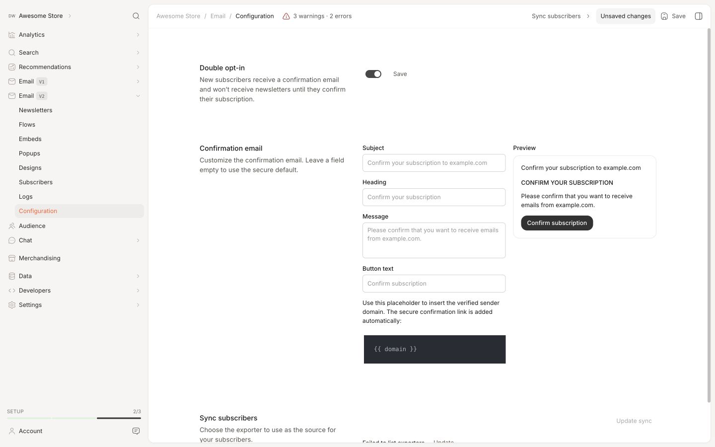 Double opt-in confirmation email settings