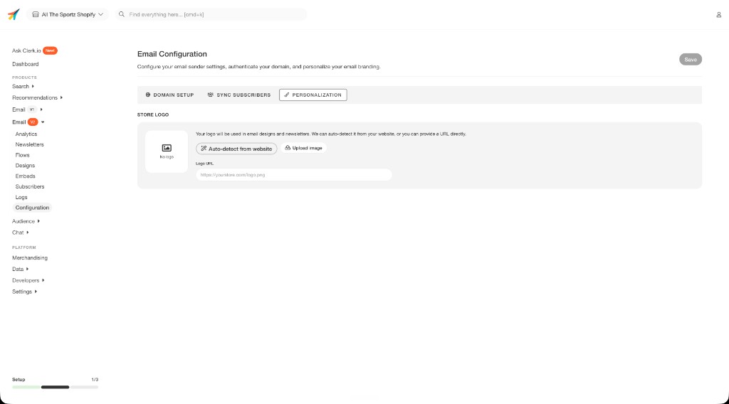 Email Configuration Personalization tab with store logo settings