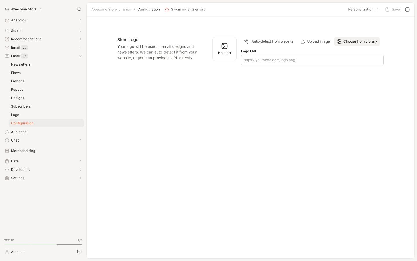 Email Personalization showing Store Logo settings