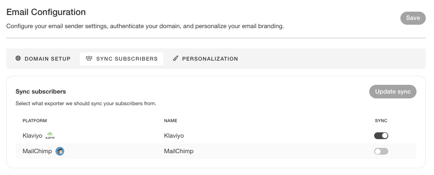 Sync Subscribers tab in Email Configuration