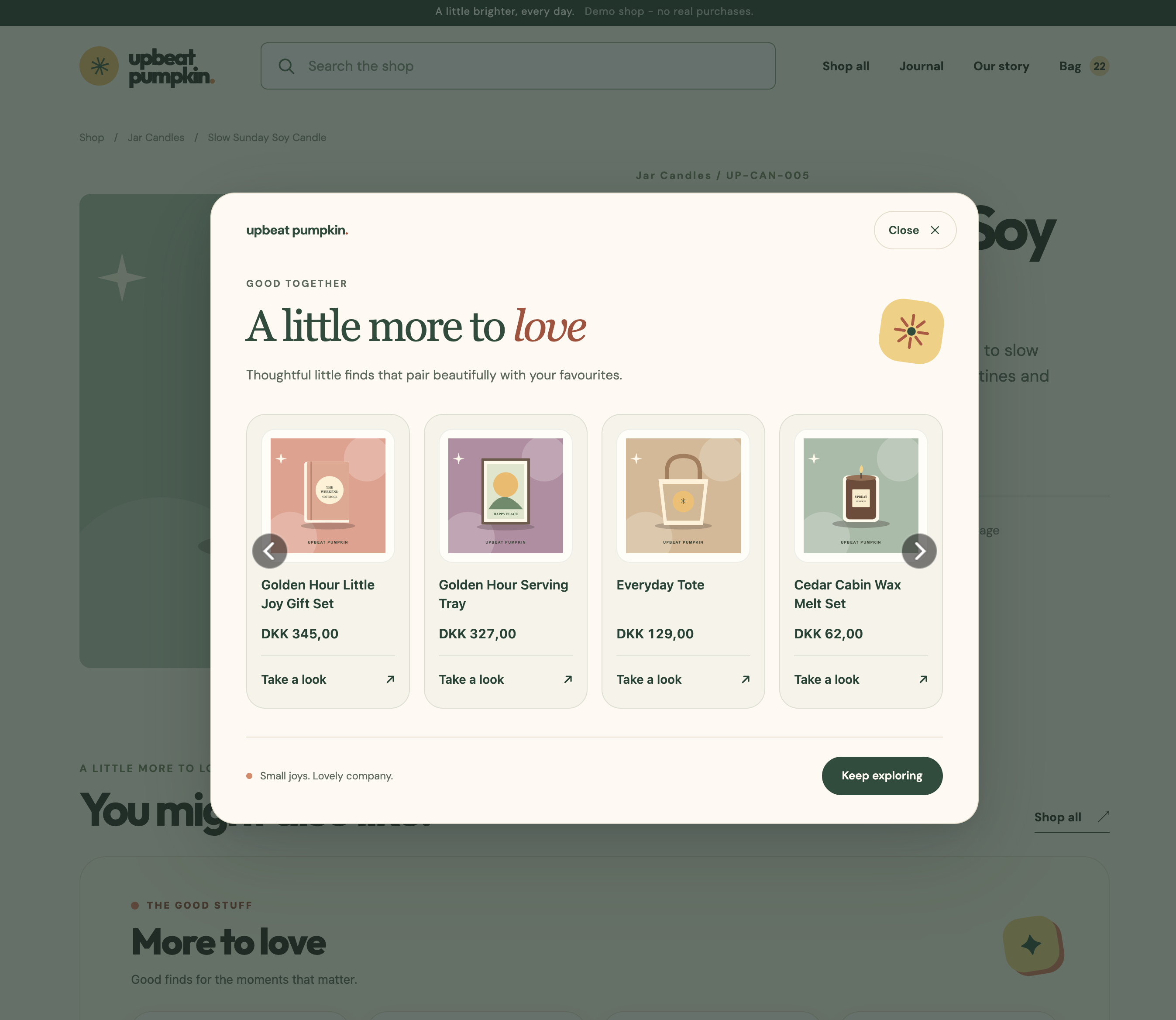 Recommendation popup showing a product slider on a demo webshop