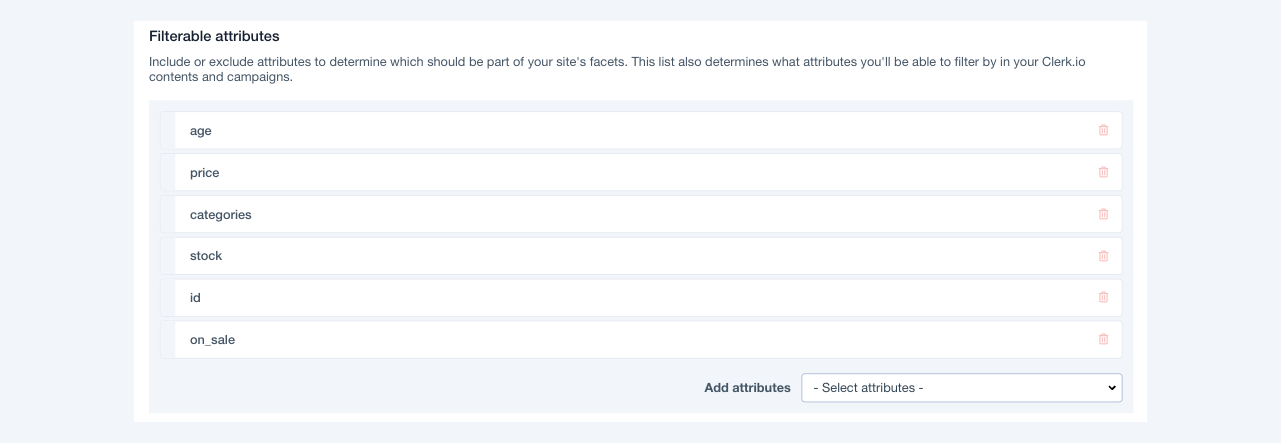 Screenshot of the filterable attributes section