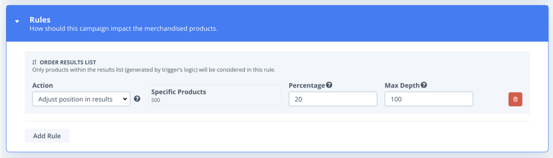 Example of a merchandising rule to adjust the position of specific products